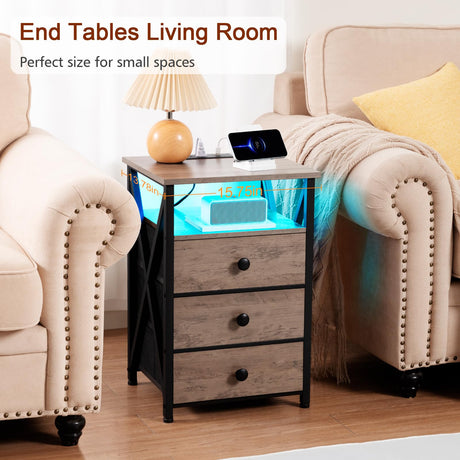 AMHANCIBLE Night Stand Set 2, LED Nightstand with Charging Station, End Side Tables with USB Port & Outlet, Bedside Table with 3 Fabric Drawers for Bedroom Living Room, Greige, HET053LGY AMHANCIBLE
