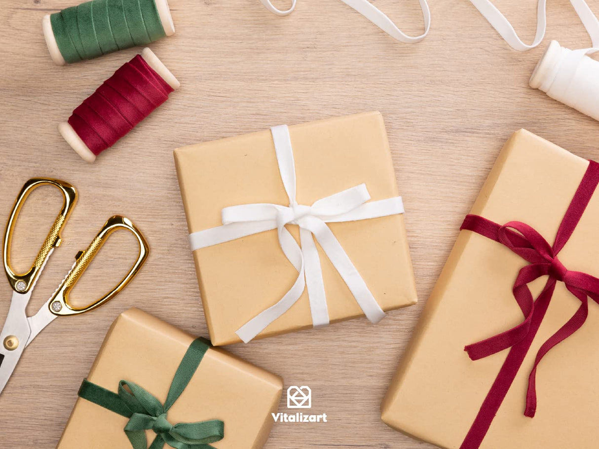 Vitalizart Christmas Velvet Ribbon Set 3/8" x 15 Yd Wooden Spool Fabric Trim 3 Rolls * 5 Yd for Christmas Wreath Decoration Handmade Craft Ornaments Gift Wrapping & Bow Making Vitalizart