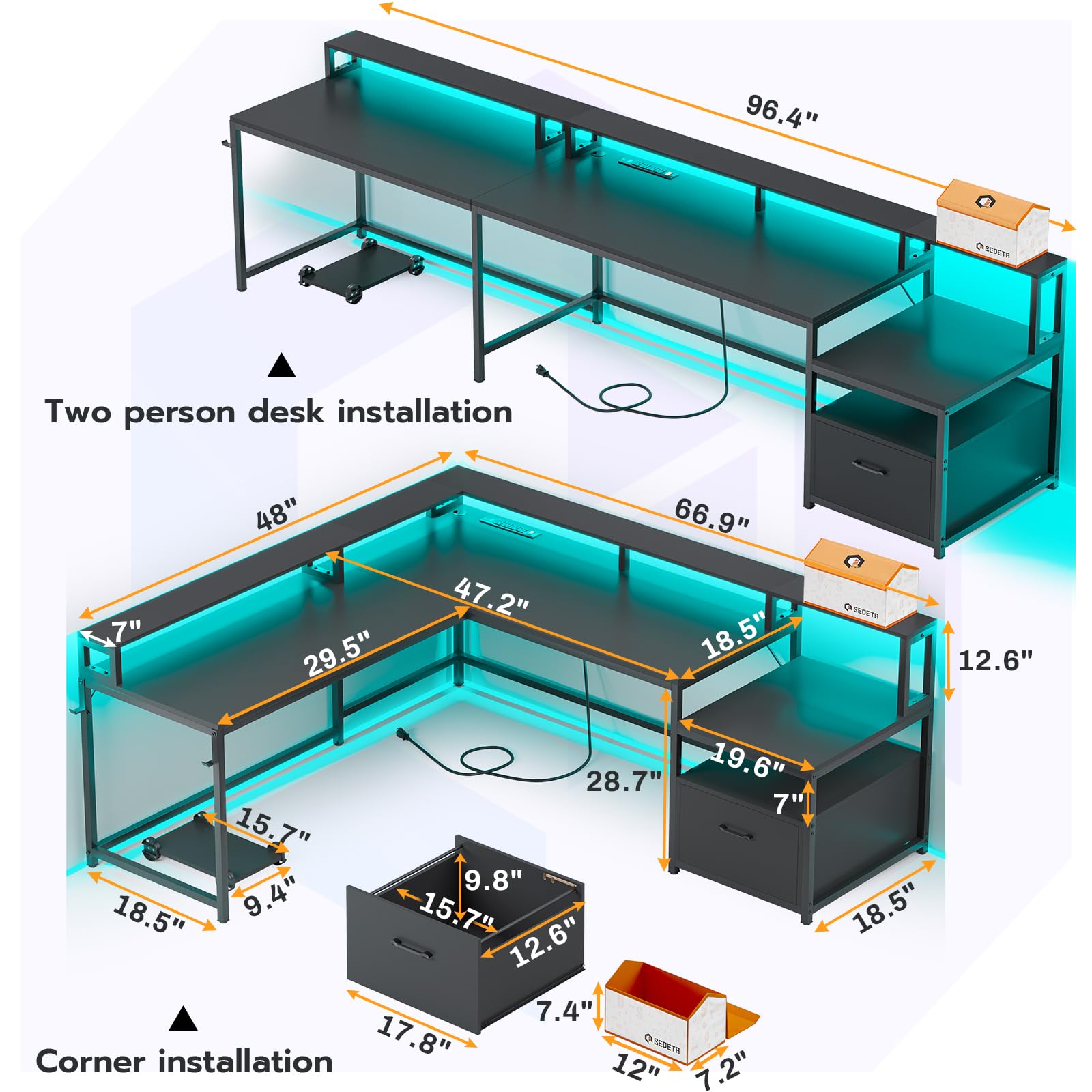 SEDETA L Shaped Gaming Desk, 66" Home Office Desk with File Drawer & Power Outlet, Corner Gaming Computer Desk with Led Lights, Monitor Shelf and Printer Storage Shelves, Two Person Desk, Bla - WoodArtSupply