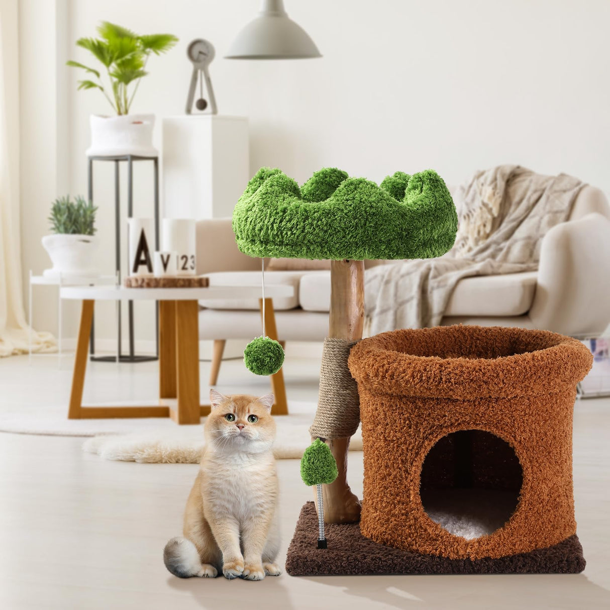 Small Cat Tree for Indoor Cats Large Adult, Cats Climbing Tower with Scratching Post, Cat Condo, Green Wood Cats Tree, Flower Cat Trees, Modern Cute Cat Tree with Dangling Ball (Mnit Green) Yungaspy