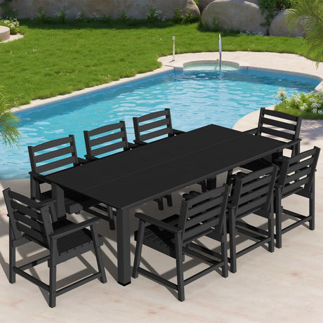 LOUNZY 9-Piece Patio Dining Set, 90'' Outdoor HDPE Luxury Table with 8 Weather-Resistant Chairs for Backyard, Deck, Lawn, Poolside, Black LOUNZY
