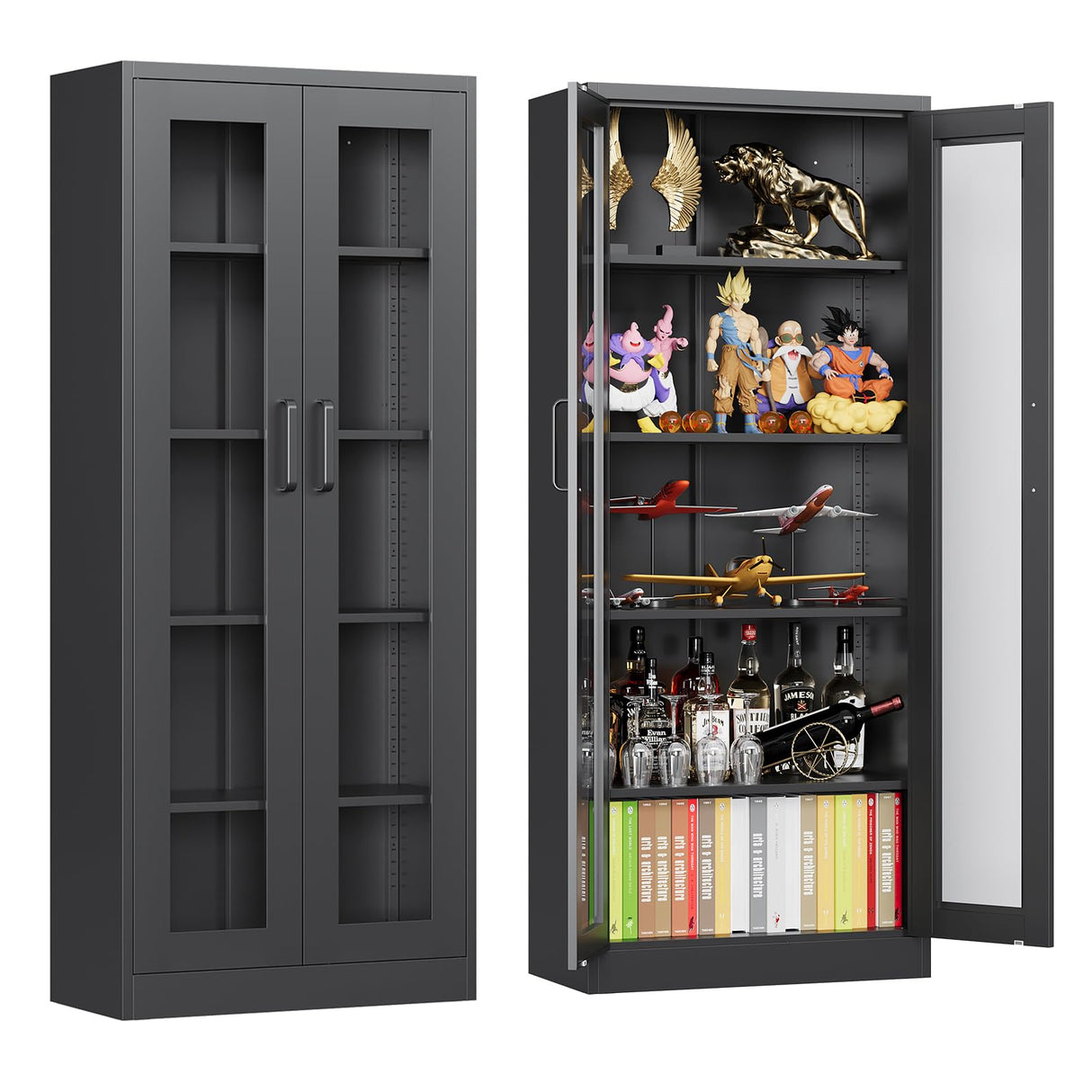 AFAIF Glass Display Cabinet with 4 Adjustable Shelves, 67”H Metal Curio Cabinets with Glass Door, Black Liquor Caninet Display Case for Home, Collectibles, Clinic, Living Room - Assembly Required AFAIF