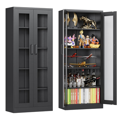 AFAIF Glass Display Cabinet with 4 Adjustable Shelves, 67”H Metal Curio Cabinets with Glass Door, Black Liquor Caninet Display Case for Home, Collectibles, Clinic, Living Room - Assembly Required AFAIF