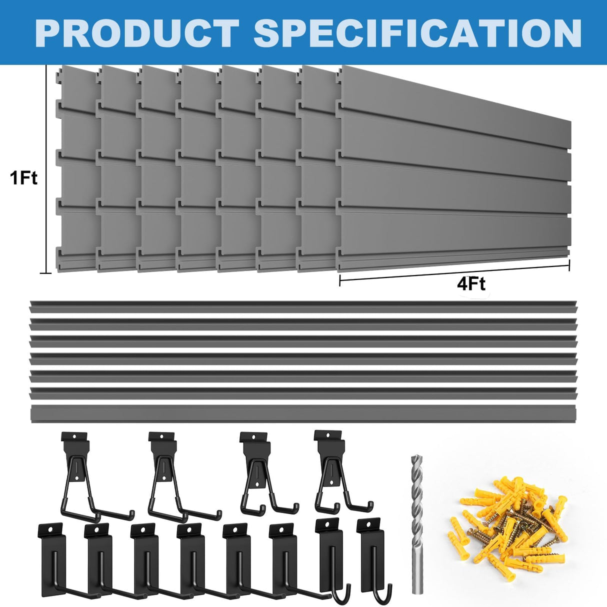 Duzzy Slatwall Panel, 4' H x 8' W PVC Slat Wall Paneling for Garage Wall Storage Organizer with Slatwall Hooks and Hangers (Grey) Duzzy