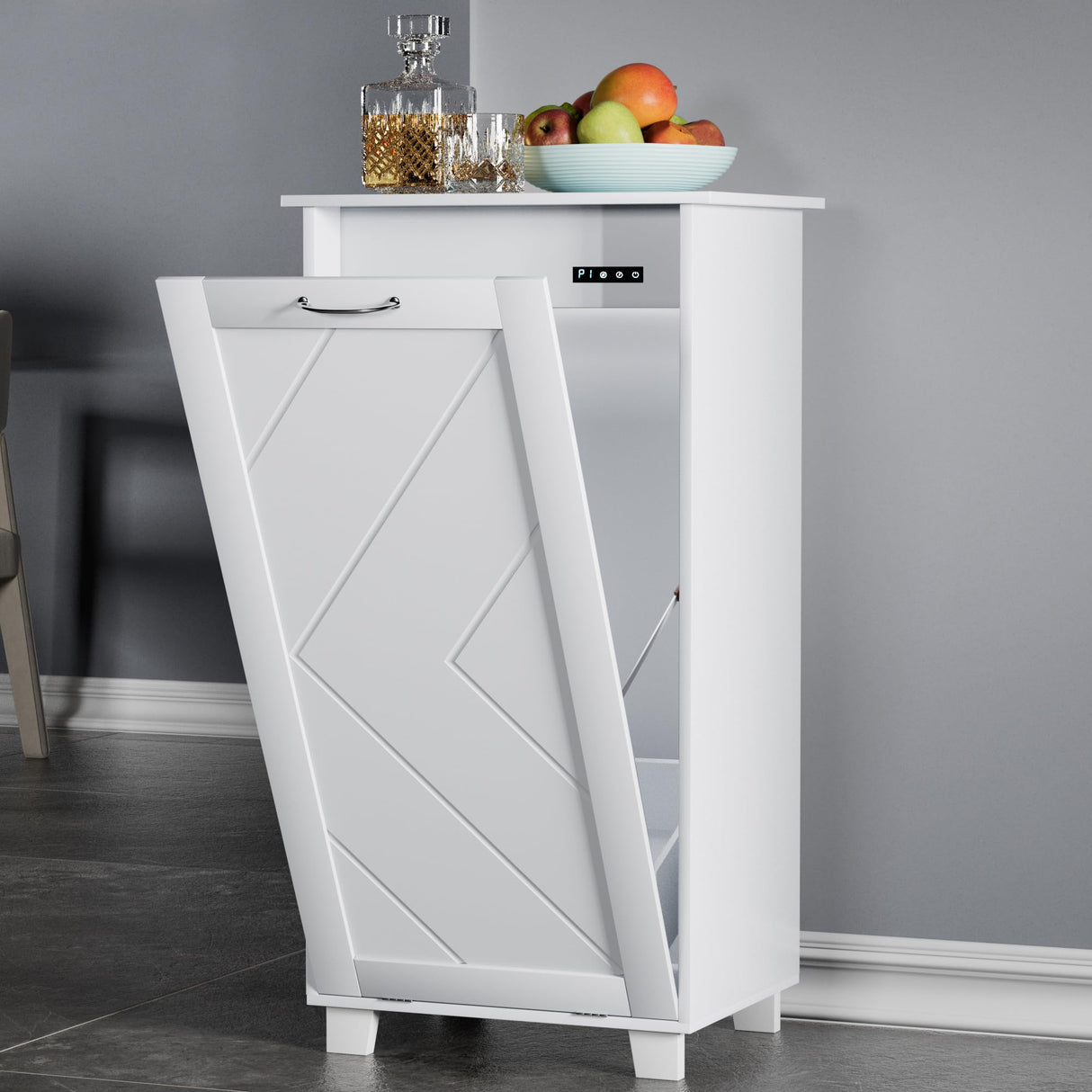 VECELO Tilt Out Kitchen Trash Bin Cabinet, Dog Proof Garbage Can with Wood Holder Free Standing Recycling, White VECELO