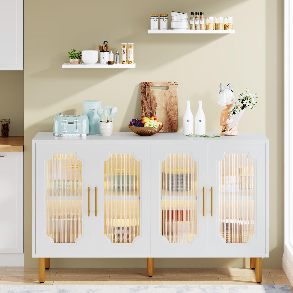 Tribesigns Modern Buffet Cabinet, LED Light Sideboard Cabinet with Acrylic Doors, 55" Coffee Bar Accent Storage Cabinet for Living Room, Dining Room, White Tribesigns