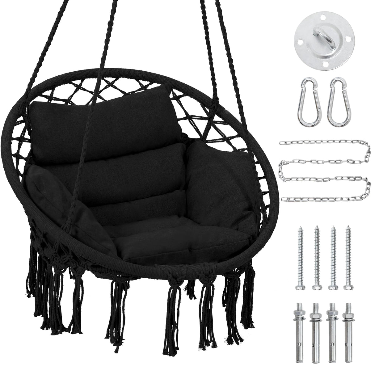 KROFEM Macrame Hammock Hanging Swinging Chair with Medium Cushion, Perfect for Bedroom, Porch, Adults, Balcony, Black KROFEM