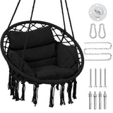 KROFEM Macrame Hammock Hanging Swinging Chair with Medium Cushion, Perfect for Bedroom, Porch, Adults, Balcony, Black KROFEM