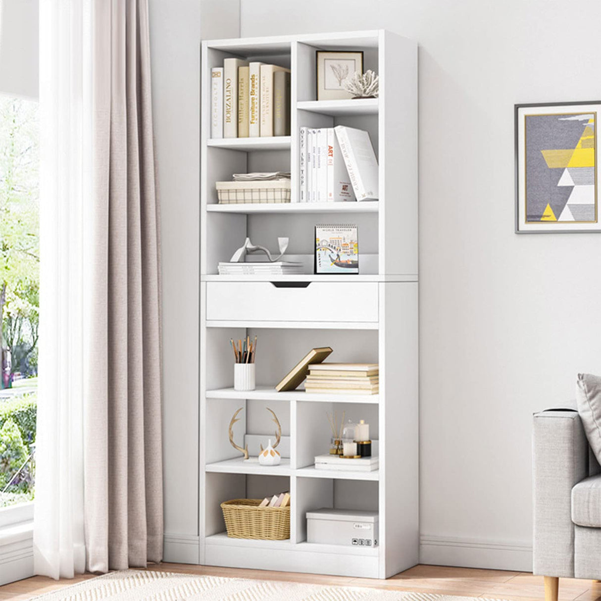 IOTXY Scandinavian Minimalist Wooden Open Shelf Bookcase - 71-Inch Freestanding Storage Cabinet with 10 Cubes and Drawer in Warm White IOTXY