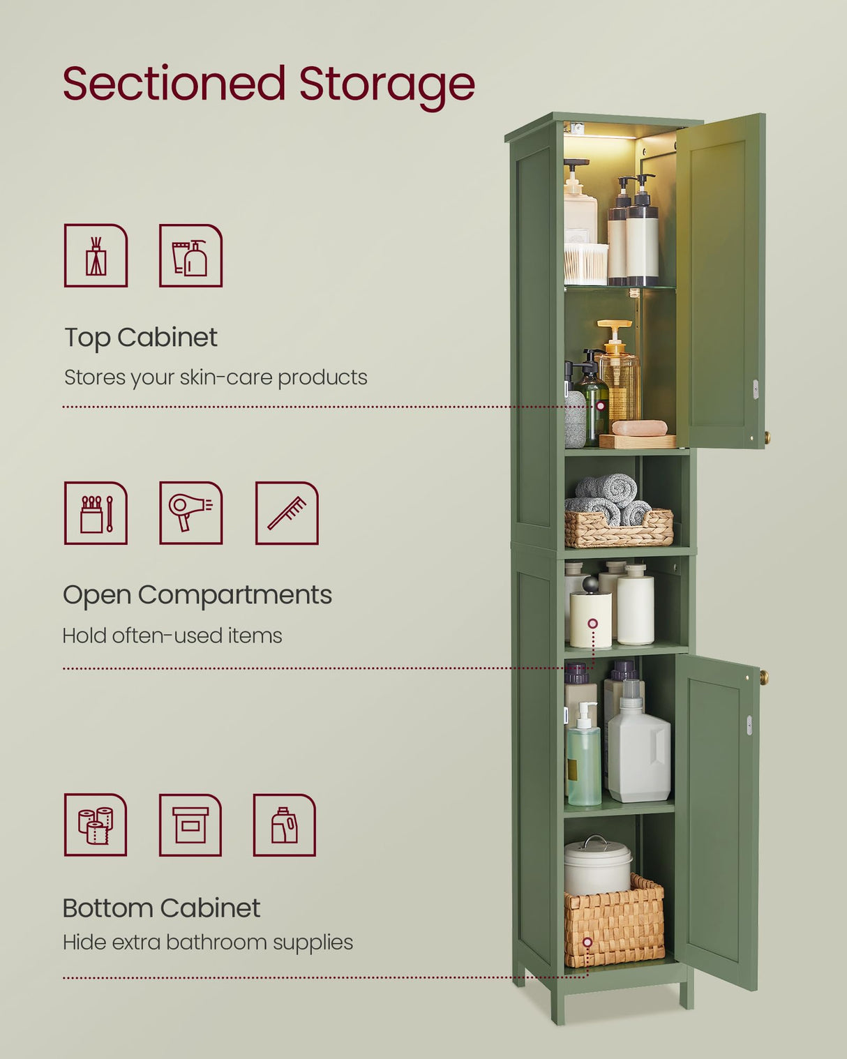 VASAGLE Tall Bathroom Cabinet with Lights, Slim Bathroom Storage Cabinet, Freestanding Narrow Cabinet with Adjustable Shelves, for Small Spaces, Modern, 11.8 Inches Wide, Forest Green UBBC566C01 VASAGLE