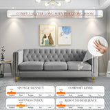Velvet 3 Seater Sofa Couch, Comfy Couches for Living Room, Modern Sofa with Tufted Back and Rivet Decoration, Upholstered Long Couch with Solid Golden Metal Tapered Legs, Grey KINFFICT