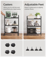 SONGMICS 3-Tier Metal Storage Rack with Wheels, Mesh Shelving Unit with X Side Frames, 23.6-Inch Width, for Entryway, Kitchen, Living Room, Bathroom, Industrial Style, Black UBSC163B01 SONGMICS