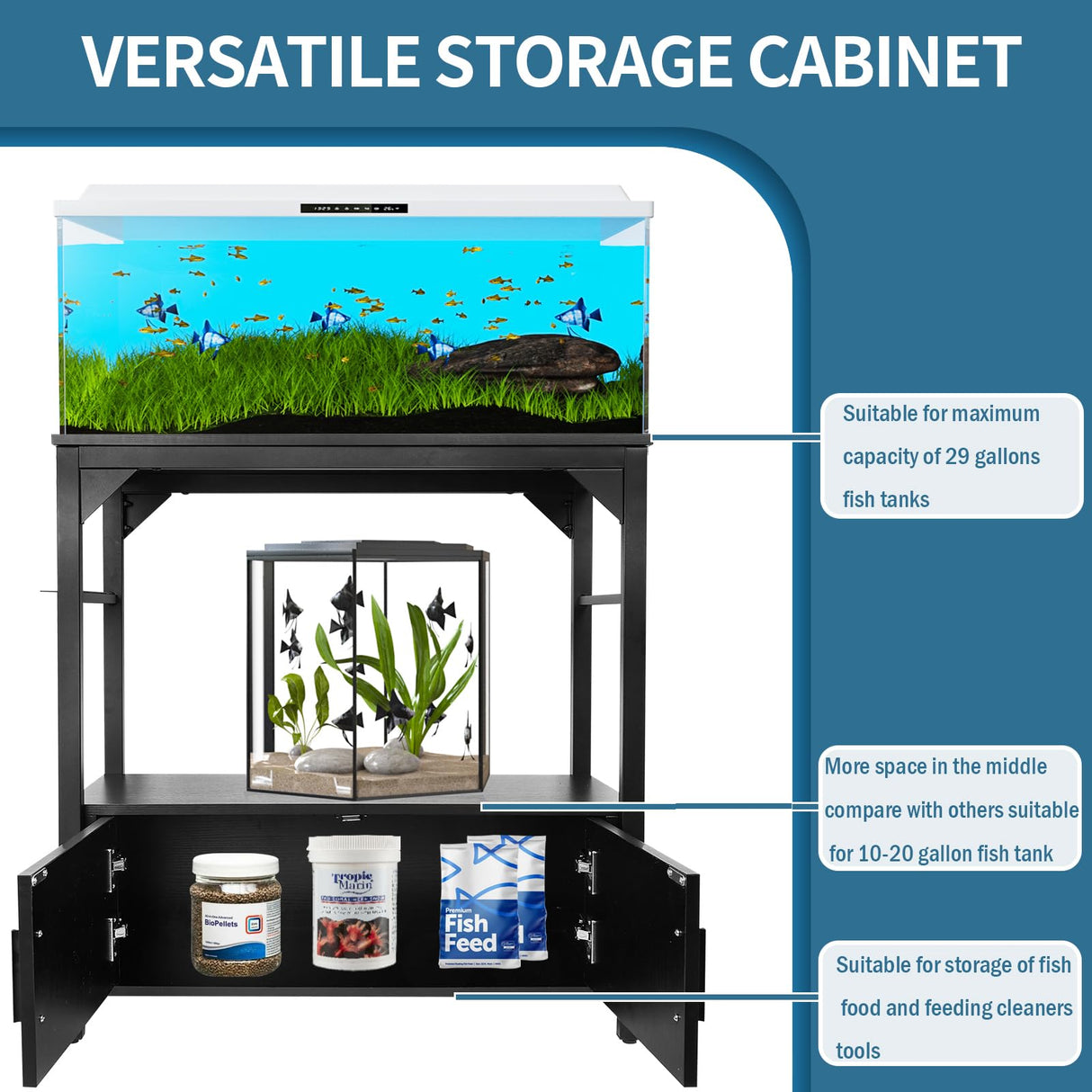 YEMOO Aquarium Stand 20-29 Gallon, 29 Gallon Fish Tank Stand with Aquarium Tools Organizer, 3 Tier Breeder Tank Stand with Storage Cabinet, Heavy Duty Metal Frame for 20 - 29 Gallon Long Aquarium YEMOO