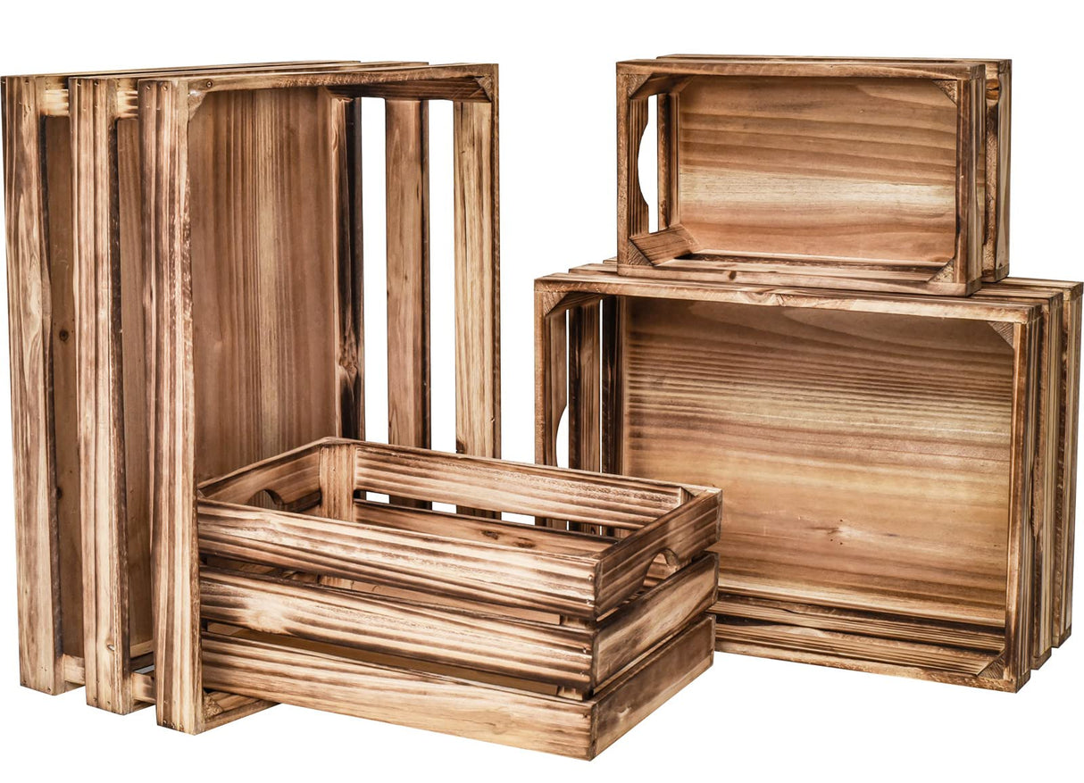 JUMBO HUMBLE Large Torched Wood Storage Crates Decorative, Set of 4 Nesting Wooden Crates for Display Rustic, Farmhouse Wooden Storage Container Boxes Made from 100% Wood JUMBO HUMBLE