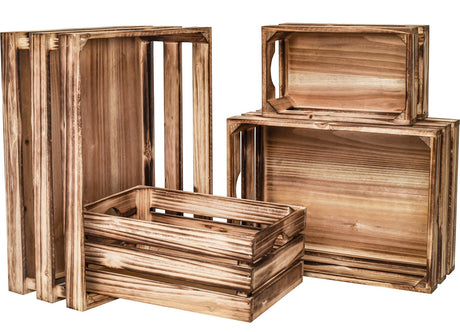 JUMBO HUMBLE Large Torched Wood Storage Crates Decorative, Set of 4 Nesting Wooden Crates for Display Rustic, Farmhouse Wooden Storage Container Boxes Made from 100% Wood JUMBO HUMBLE
