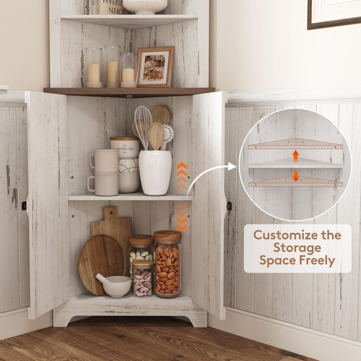 Lifewit Tall Corner Cabinet, Farmhouse Storage Cabinet with Barn Door Design & Adjustable Shelves, Home Space Saver for Bathroom, Living Room, Rustic White Lifewit