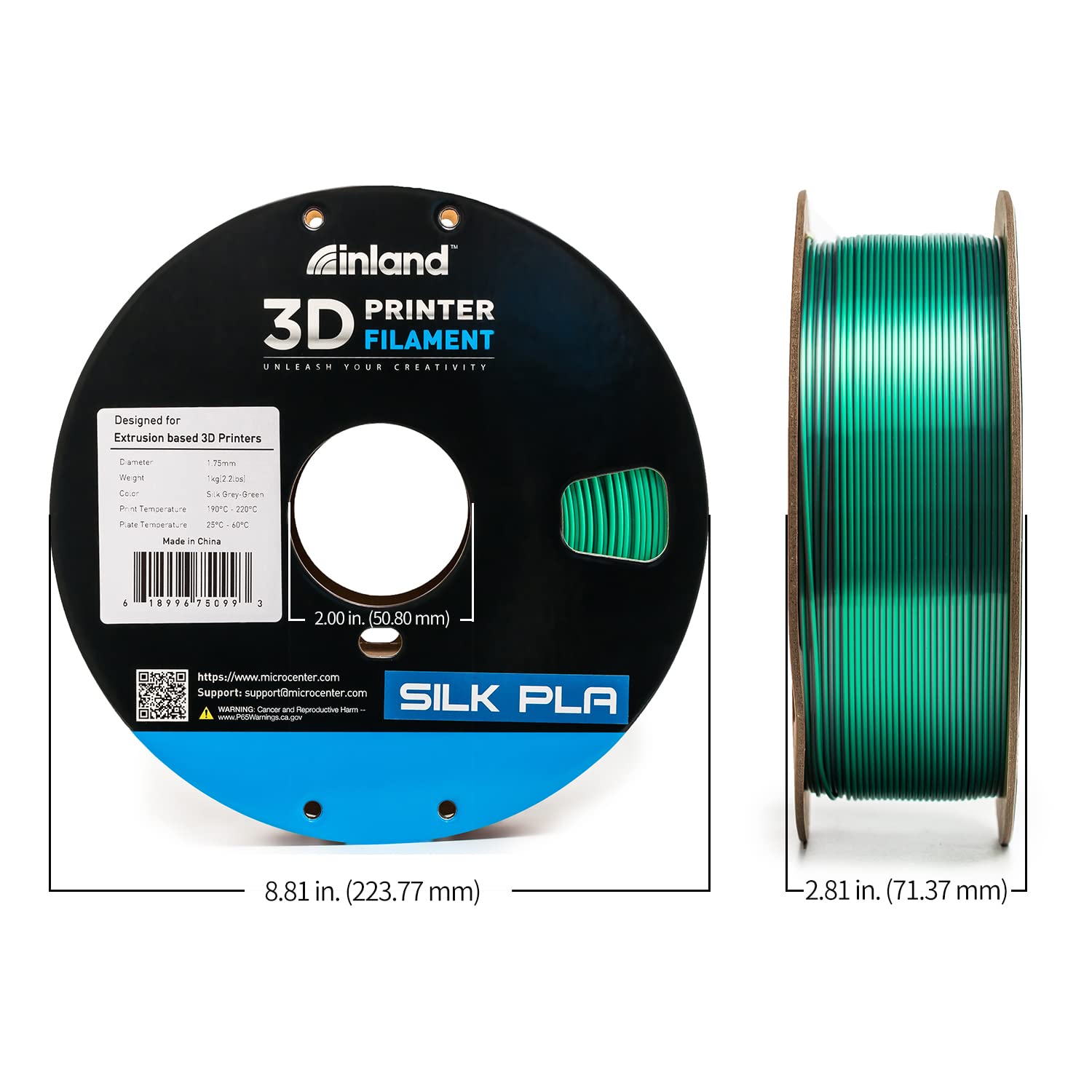 INLAND Micro Center Dual Color Silk PLA 3D Printer Filament 1.75mm - Gray to Green Color Change - Coextrusion Silk Filament - Dimensional Accuracy +/- 0.03mm - 1kg Cardboard Spool (2.2 lbs) - WoodArtSupply