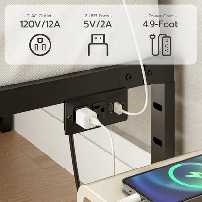 HOOBRO Queen Bed Frame with Smart LED Lights and Integrated Charging Station - WoodArtSupply