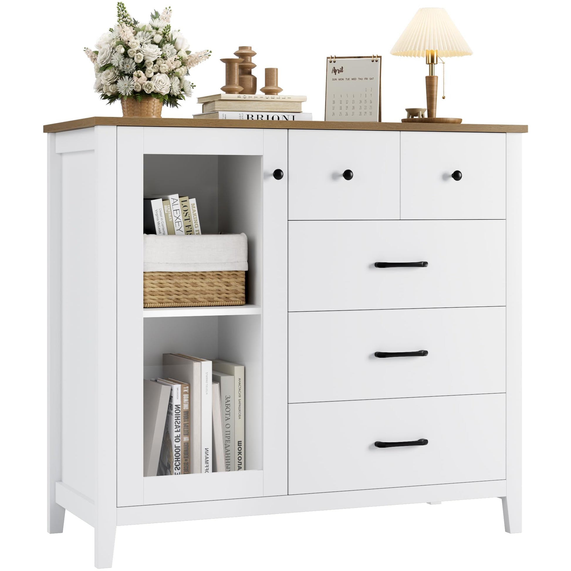 HOSTACK 5 Drawer Dresser with Glass Door, White Dresser for Bedroom, Modern Chest of Drawers with Shelves, Tall Dresser Wood Storage Cabinet for Bedroom, Living Room, White/Rustic Brown - WoodArtSupply