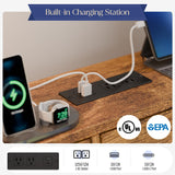 MU Twin Corner Bed Frame with Storage Bookcase and Headboard, Metal Daybed with LED Lights, Charging Station, Shelves and Drawers for Living Room, Bedroom & Guest Room, Rusic Brown MU