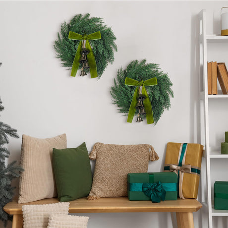 Chuangdi 2 Pcs Christmas Norfolk Wreath with Cypress Cow Bells and Velvet Ribbon Bow 11.8" Faux Pine Greenery Winter Wreath Rustic Swag for Xmas Home Table Wall Window Porch Door Indoor Outdoor Decor Chuangdi