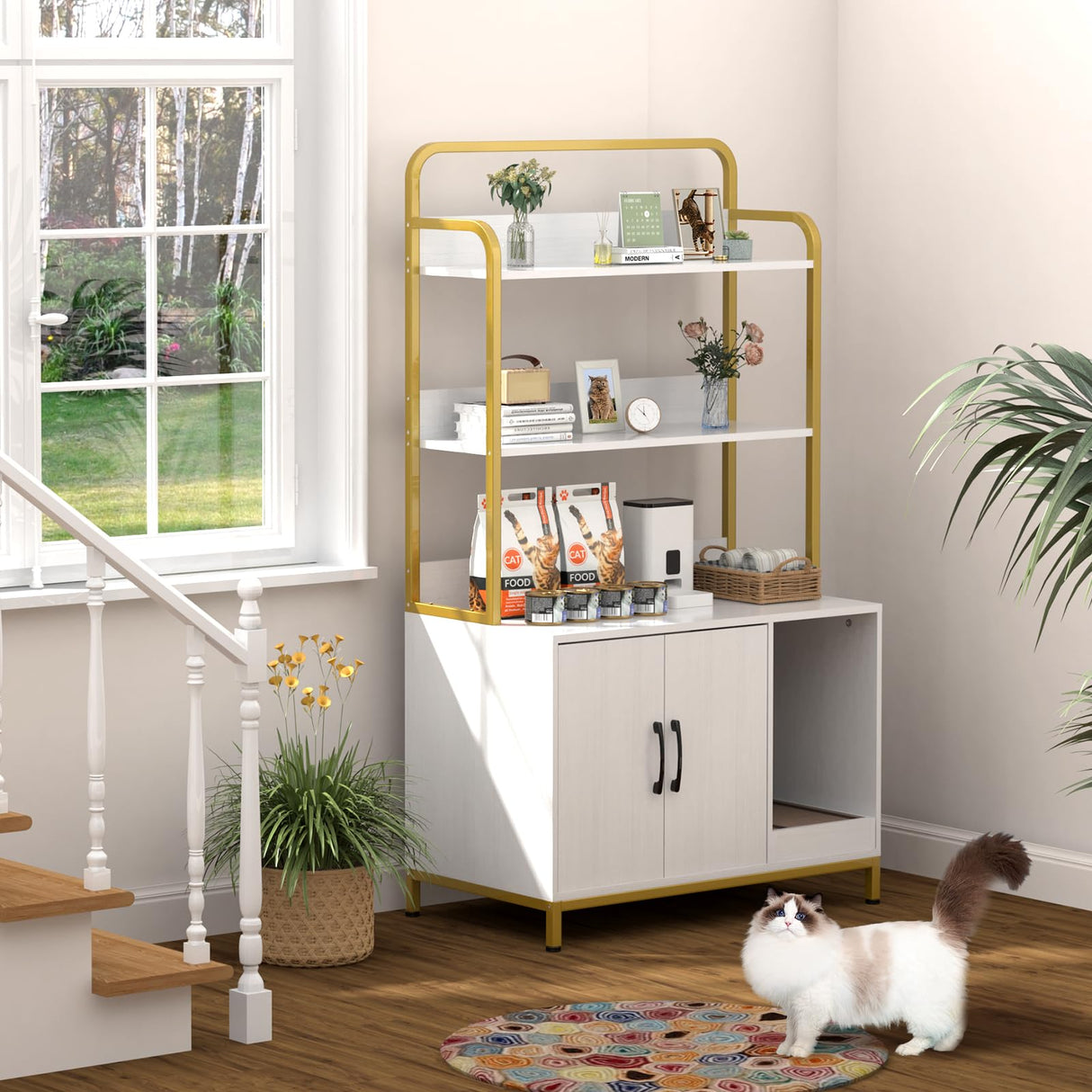 Easycom Cat Litter Box Enclosure Furniture with Shelves, Indoor Litter Box Furniture, Hidden Litter Box with Storage, Wooden Cat House with Cat Scratching Pad, Fit Most Cat Litter Box EasyCom