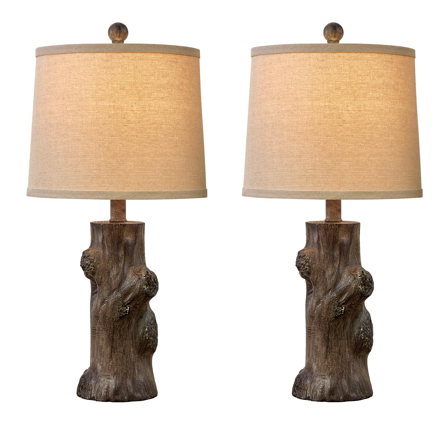 OYEARS 23"Resin Table Lamps for Living Room Set of 2 Country Cottage Farmhouse Lamp for Bedroom Tree Trunk Wood Grain with Oatmeal Fabric Round Shade Vintage Rustic Traditional Nightstand Bed - WoodArtSupply