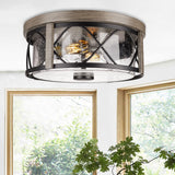 Rosient Rustic Close to Ceiling Light Fixtures, Farmhouse Wood Grain Flush Mount Ceiling Lighting, Metal Cage Lighting with Seeded Glass for Home Kitchen Dining Room Bedroom Hallway Entryway Foyer Rosient