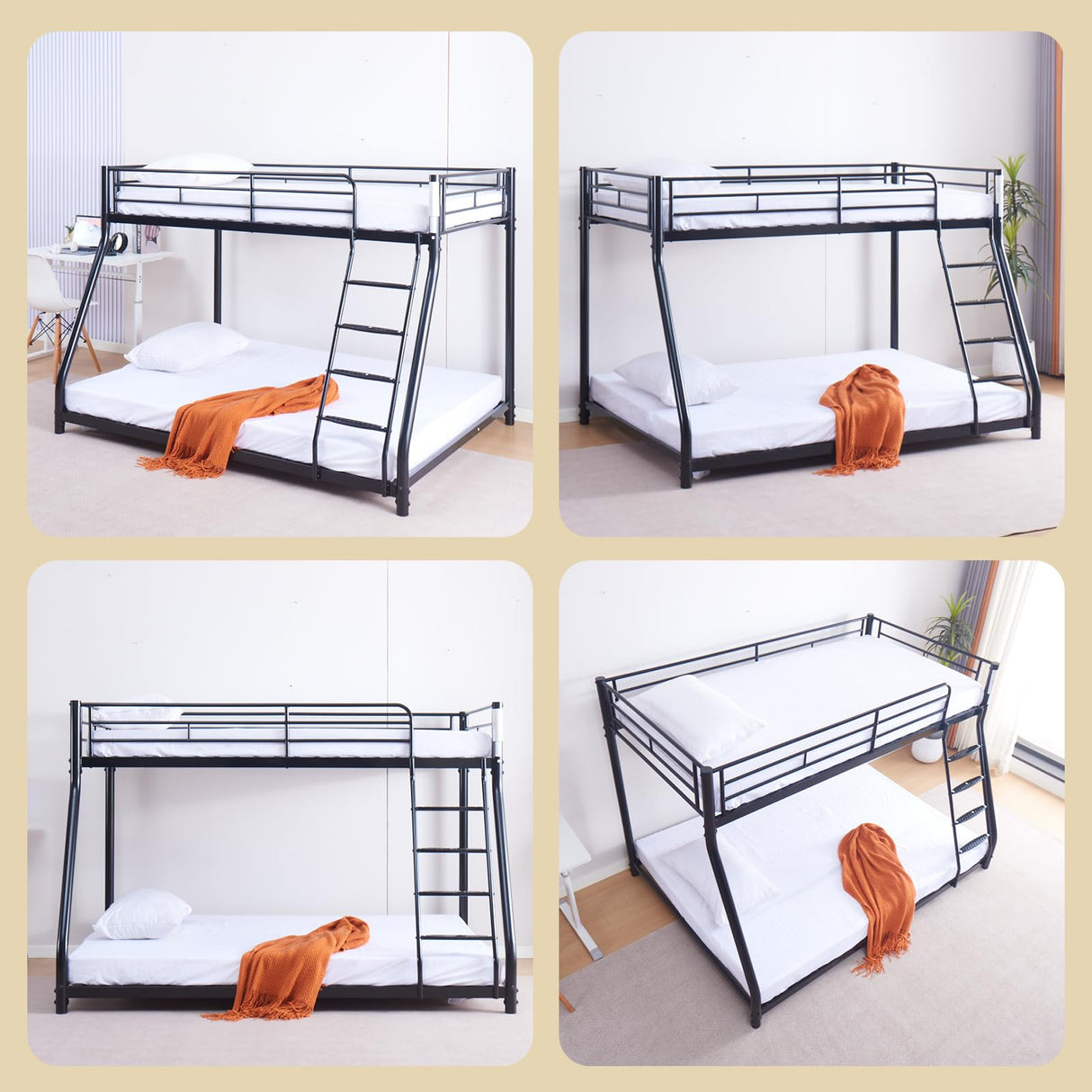 KAIFAM Metal Bunk Bed, Full Size Bed Frame for Adults, Twin Over Full Bunk Bed with Safety Guardrail and Ladder, Trundle Bed Twin, No Box Spring Needed, Noise Free for Apartment, Bedroom (Black) KAIFAM