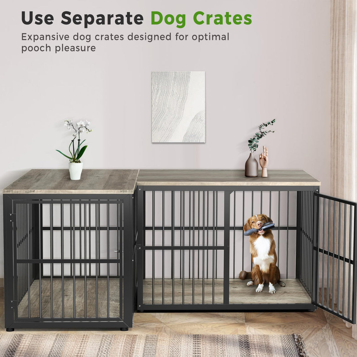 Lyromix 43'' L-Shaped Corner Dog Crate Furniture Large Breed for 2 Dogs with Double Rooms,Wooden Dog Crate End Table Indoor with Removable Divider for Small to Medium Dogs, Can Use Separately Lyromix