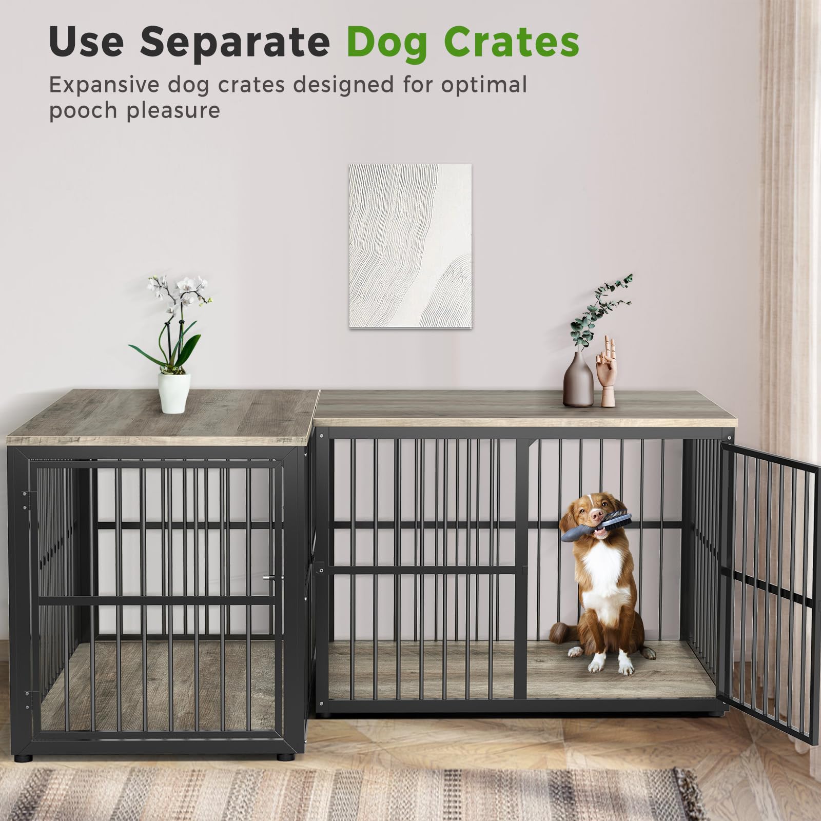 Lyromix 43'' L-Shaped Corner Dog Crate Furniture Large Breed for 2 Dogs with Double Rooms,Wooden Dog Crate End Table Indoor with Removable Divider for Small to Medium Dogs, Can Use Separately - WoodArtSupply