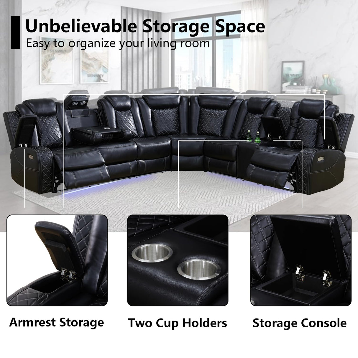 SIENWIEY Black Leather Power Reclining Sectional Sofa，Sectional Couch with Recliner Living Room Set with LED Light/Read Light/Storage Console/USB Port/Wireless Charge/Home Theater Seat SIENWIEY