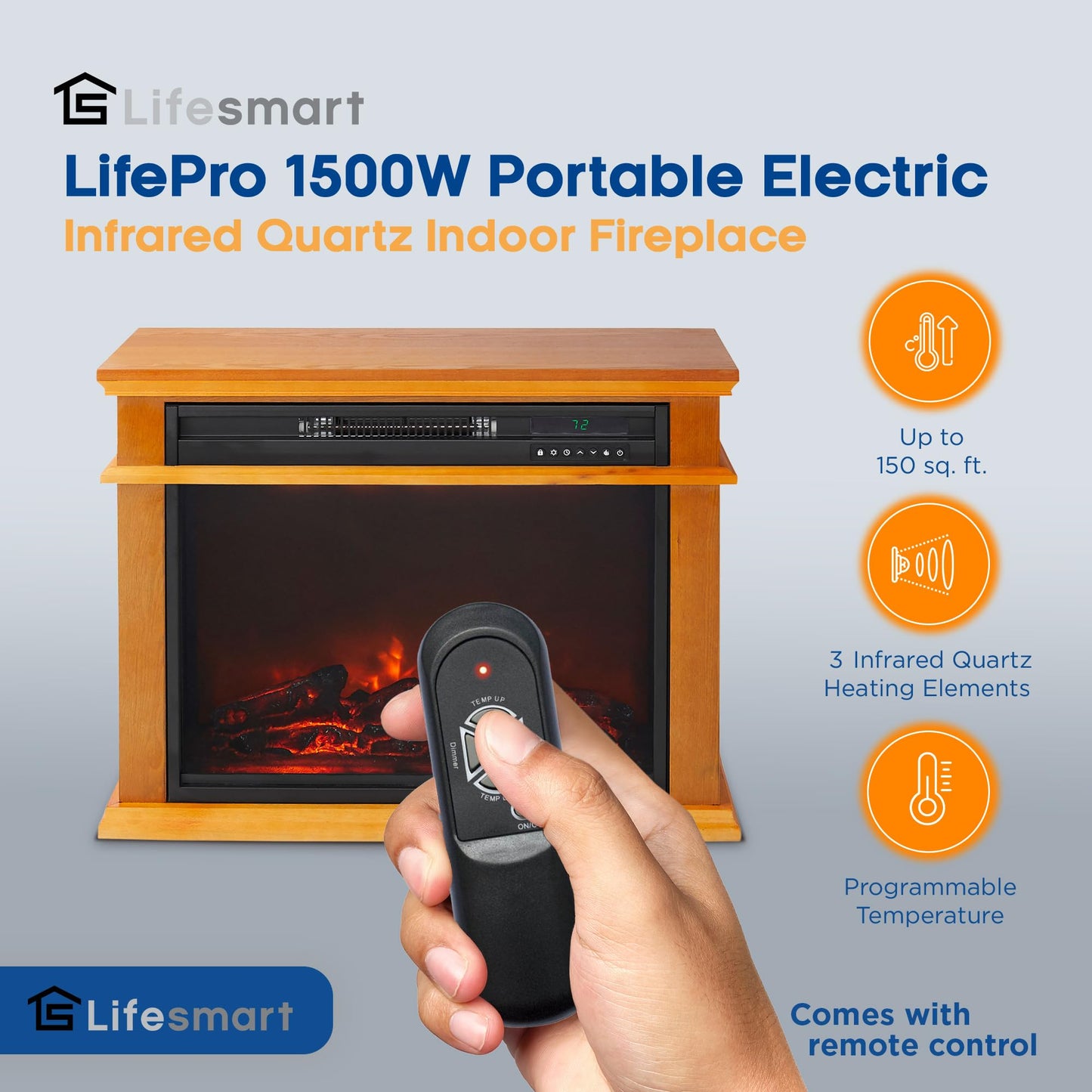 LifeSmart 1500 Watt Portable Electric Infrared Quartz Fireplace Heater for Indoor Use with 3 Heating Elements and Remote Control, Brown