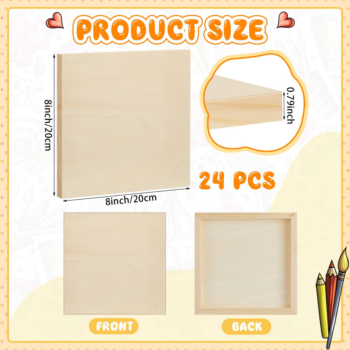 Barydat 24 Pcs Wood Panels for Painting 8'' x 8'' Unfinished Wood Canvas Board Artist Wall 0.79'' Deep Cradled Wood Canvas Panels for Painting Pouring Arts Craft Painting Barydat