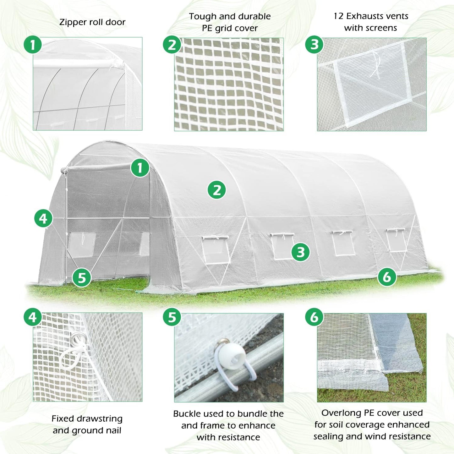 YOLENY 20' x 10' x 7' Heavy Duty Greenhouse for Outdoors,Tunnel Greenhouse with A Large Zipped Roll Up Door and 8 Roll Up Windows, White - WoodArtSupply