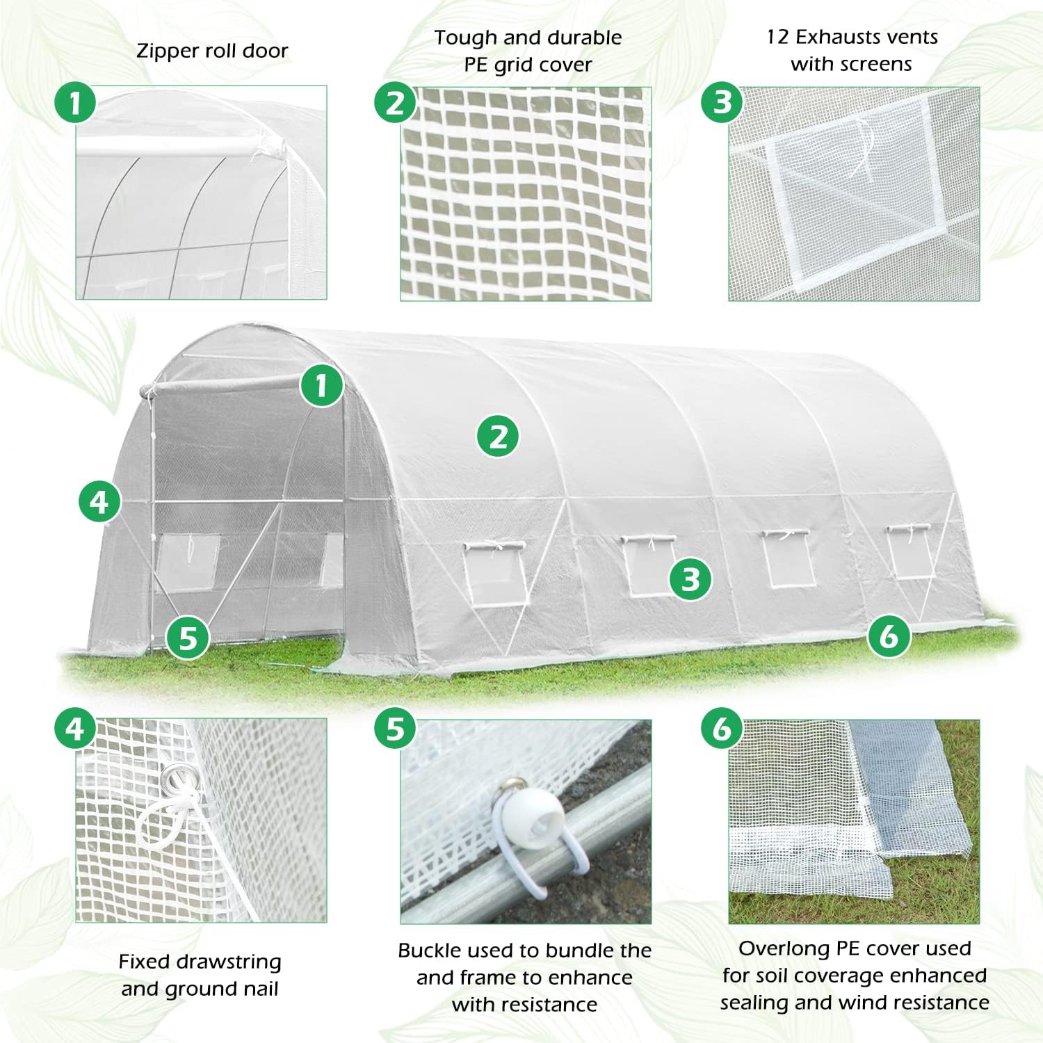 YOLENY 20' x 10' x 7' Heavy Duty Greenhouse for Outdoors,Tunnel Greenhouse with A Large Zipped Roll Up Door and 8 Roll Up Windows, White - WoodArtSupply