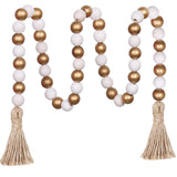 Meplait Wood Bead Garland,39in Farmhouse Beads with Tassels Boho Beads for Tiered Tray Decorative Beads Home Decor（Gold & Wash White） Meplait