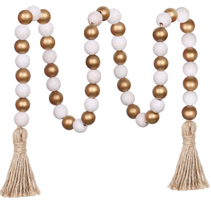 Meplait Wood Bead Garland,39in Farmhouse Beads with Tassels Boho Beads for Tiered Tray Decorative Beads Home Decor（Gold & Wash White）