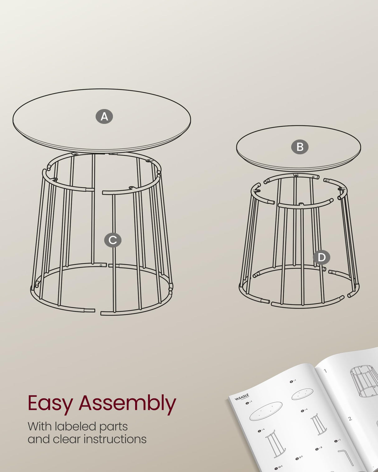 VASAGLE Round Coffee Tables, Set of 2, Modern Circle Side Tables with Steel Frame, for Living Room, Bedroom, Rustic Brown ULCT045K01 VASAGLE