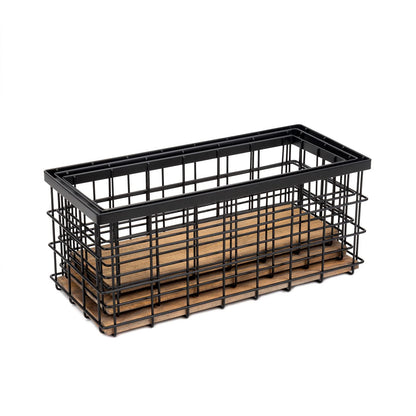 TIEYIPIN Farmhouse Decor Metal Wire Storage Baskets, Wood Base Containers Organizing Basket Caddy Bin for Kitchen Cabinets, Bathroom, Pantry, Garage, Laundry Room, Closets - Small - Black (Se - WoodArtSupply