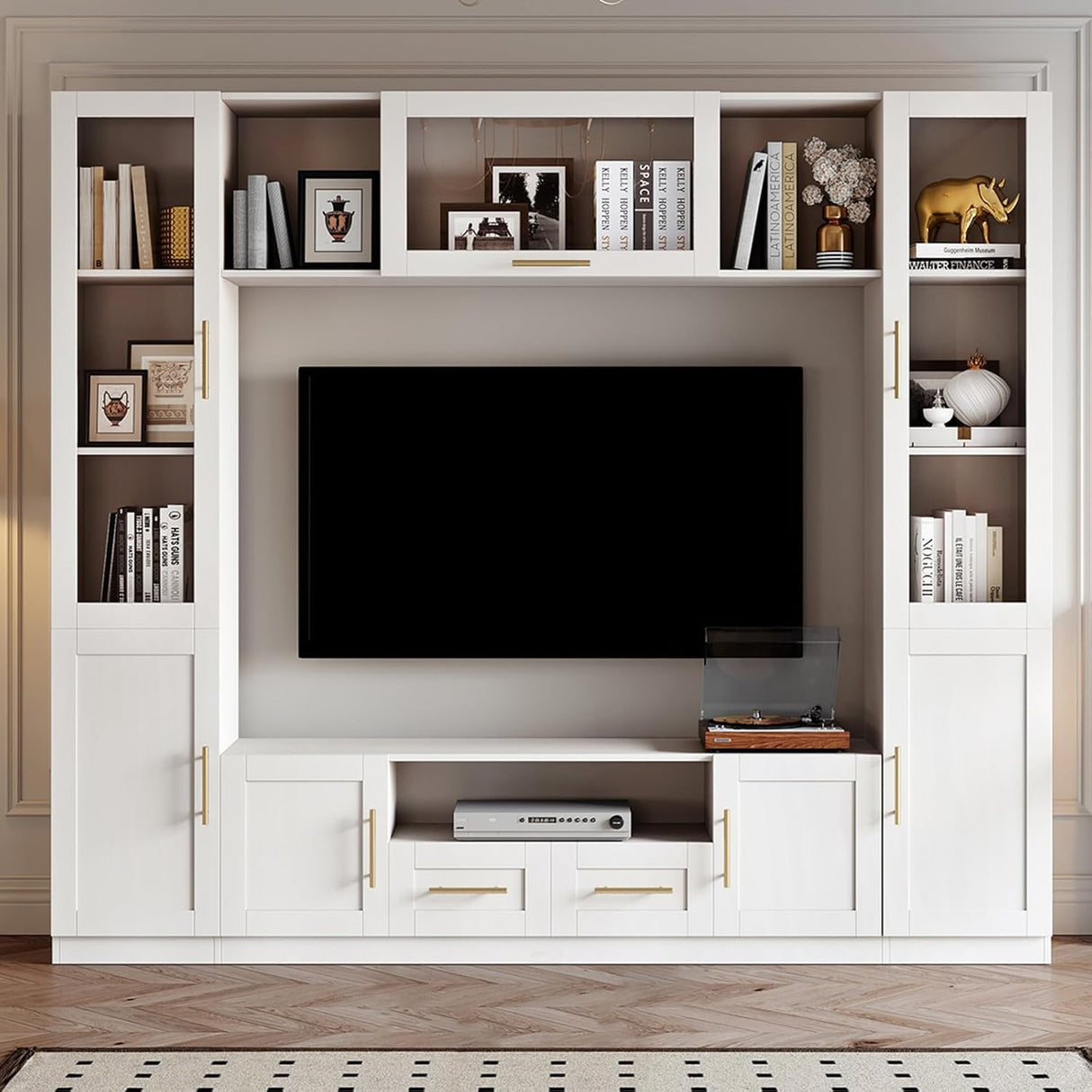 Entertainment Wall Unit: 4-Piece TV Stand with Bookshelves & Storage, Media Center for Living Room, Up to 70" TVs, White Bobve