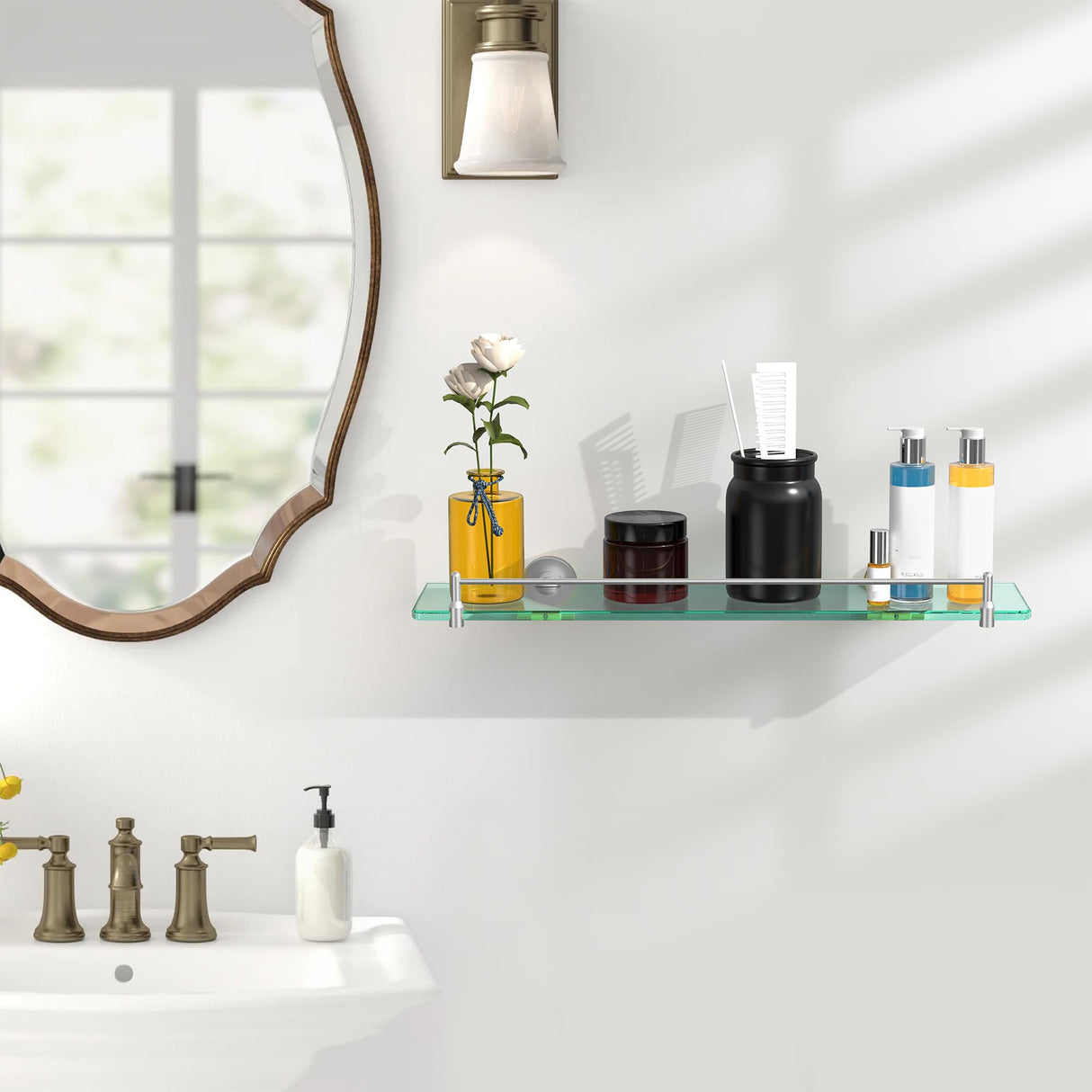 KOCOK 20 Inches Glass Shelves for Bathroom, Brushed Nickel Floating Glass Shelf Stainless Steel Tempered Glass Bathroom Shelves for Wall Mount Modern KOCOK