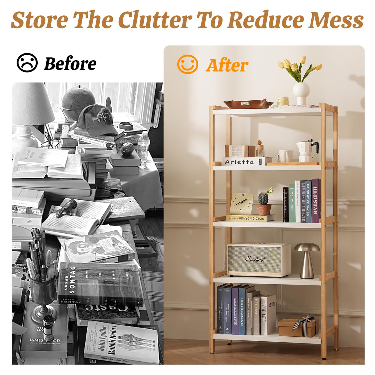 Baveke 5-Tier Bamboo Shelf Bookcase Modern Open Bookshelf Free Standing Storage Rack Display Shelf Display Bamboo Bookshelf Standing Shelf Open Shelving Unit Baveke