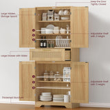 Iwell Tall Storage Cabinet with 2 Adjustable Shelves & Large Drawer, Rattan Cabinet with 4 Doors, Pantry Cabinets for Dining Room, Living Room, Home Office, Natural Iwell