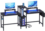 Furologee 2 Person Gaming Desk with LED Lights, 71 Inch Computer Desk with Power Outlets and Monitor Stand, Double Desk with Storage Bag and Headphone Hooks, Study Writing Table for Home Office, Black Furologee