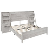 AMERLIFE Full Bed Frame with Wide Headboard and 4-Tier Bookshelves, Farmhouse Platform Bed with Charging Station & 2 Drawers, Noise-Free, No Box Spring Needed, Rustic White AMERLIFE