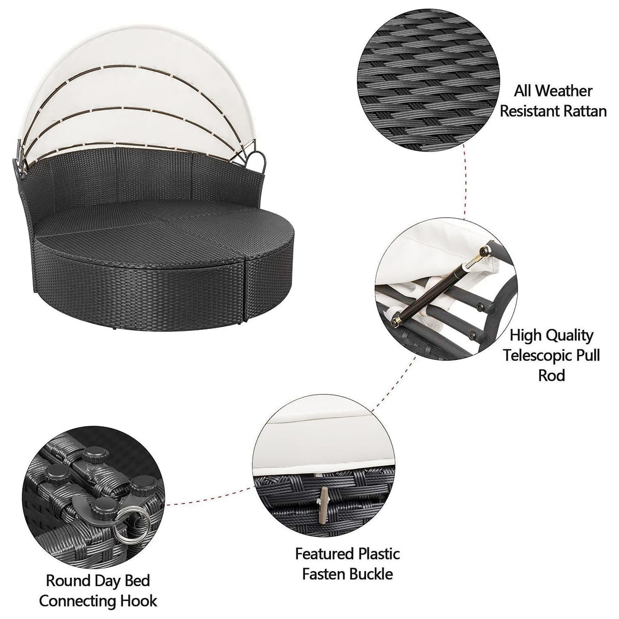 Homall Patio Outdoor Daybed with Retractable Canopy, Rattan Wicker Sectional Seating with Washable Cushions for Patio Backyard Porch Round Daybed Separated Seating (Beige) Homall