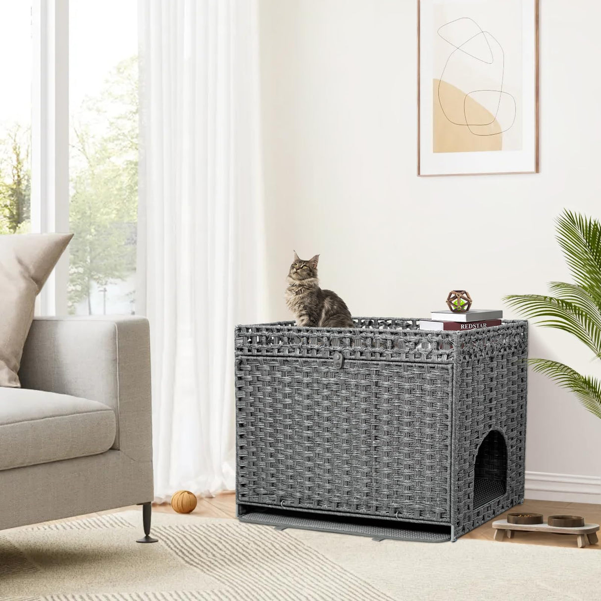DOVEAID Cat Litter Box Enclosure Furniture Hidden, Pet House Litter Box Furniture for Large Cats, Handwoven Rattan with Door Cat Washroom Box, Indoor Cat House Storage with Soft Litter Mat, Grey DOVEAID