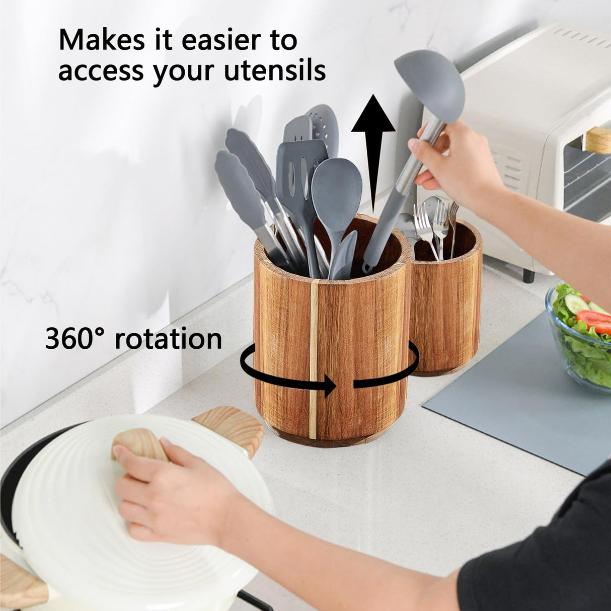 Sameme Acacia Wood Utensil Holder for Kitchen Counter, 360° Rotating 7.3"+5.7" Large Cooking Utensil Holder,Kitchen Utensil Crock for Countertop,Farmhouse Kitchen Decor,Spatula Holder Set of 2 Sameme