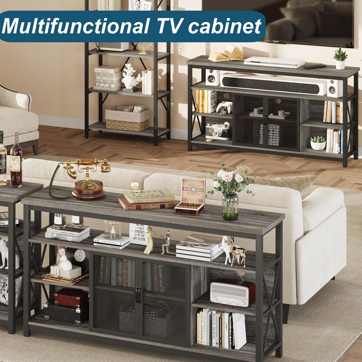 BON AUGURE Tall TV Stand for TVs up to 65 Inch, Industrial Entertainment Center with Storage Cabinet, Rustic Wood Media Console Table for Living Room and Bedroom (32 Inch High, Grey Oak) BON AUGURE